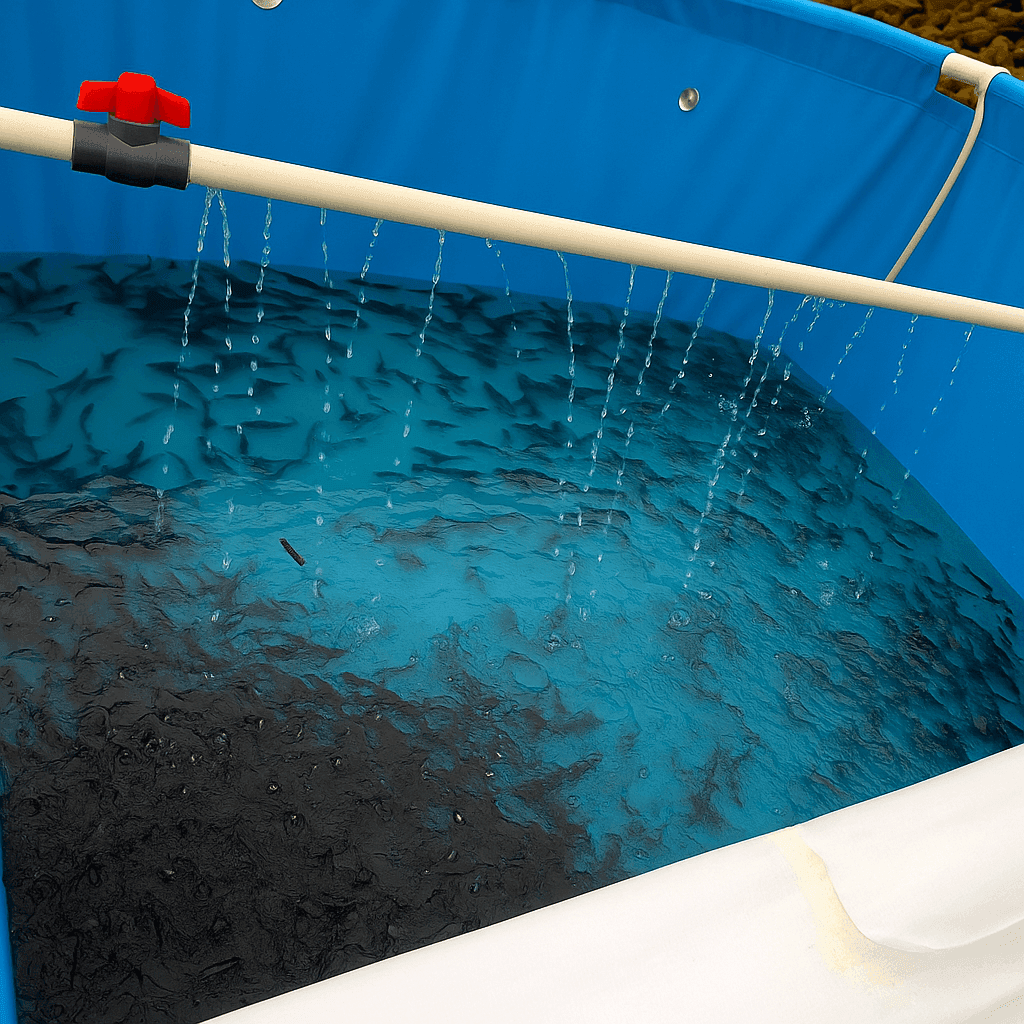 A beautiful view of a modern fish farm at sunrise, with calm waters and hills in the background.